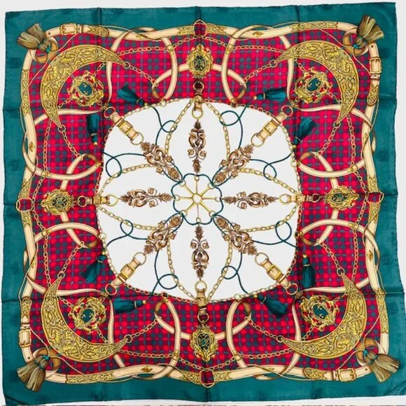 Beautiful GIOVANNI TESTI 100% SILKSCARF satin 34Ggreen read gold gold chain
